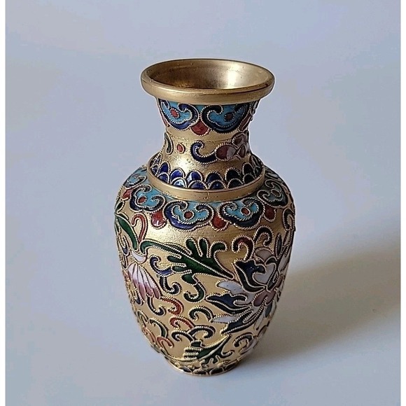 Vintage Chinese Cloisonne Enamel Mini Vase 4" Floral Motif Decorative Ornate - Picture 2 of 9